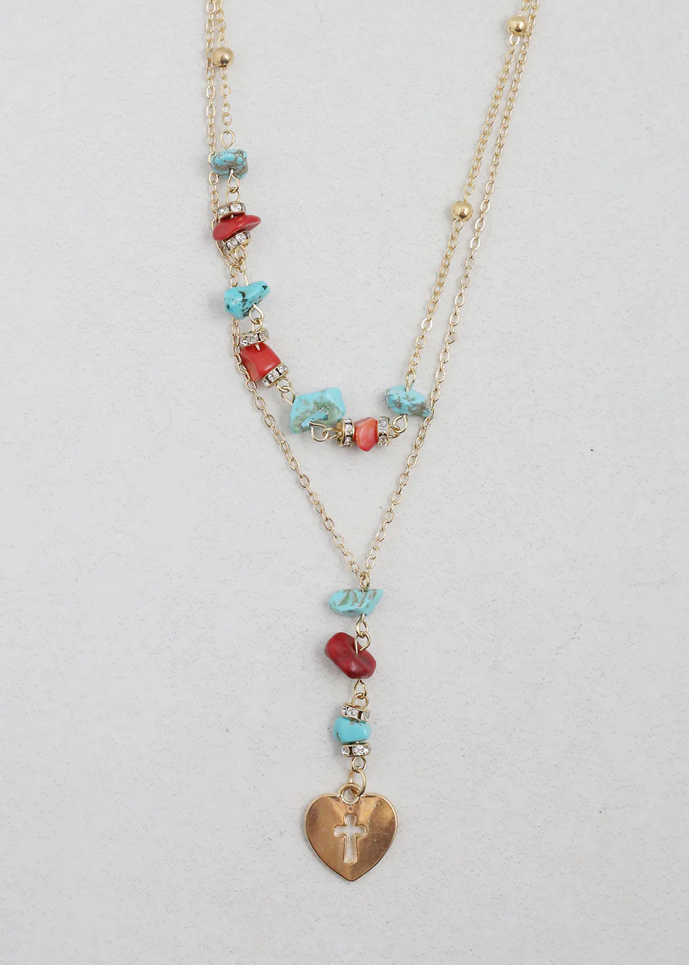 2 Layered Beaded Necklace with Heart & Cross Pendant - Mrs Treak