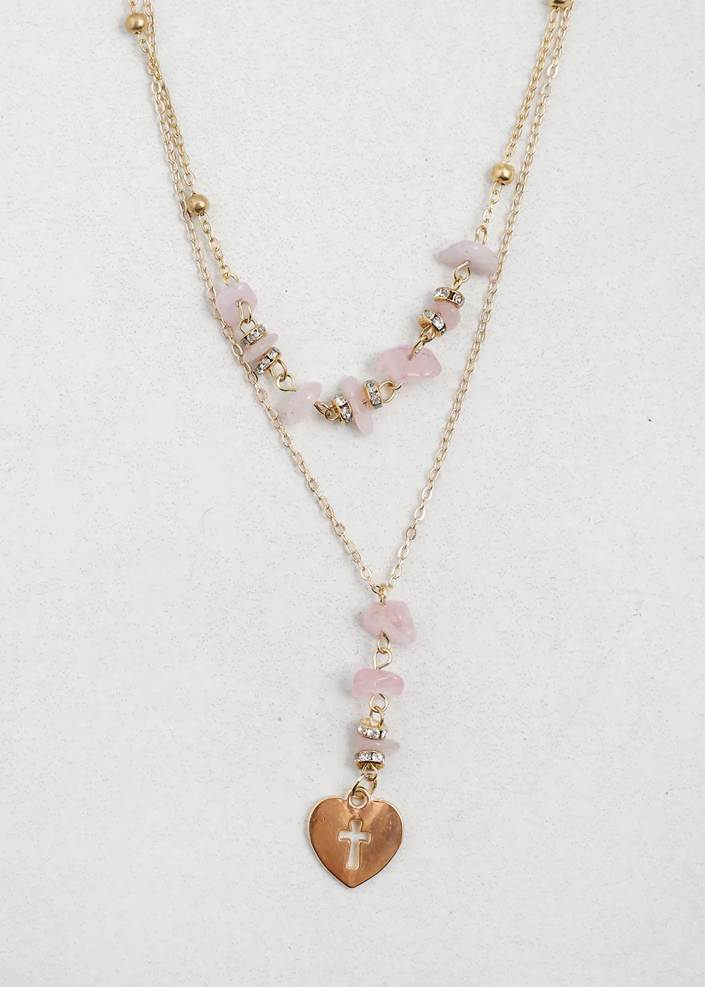 2 Layered Beaded Necklace with Heart & Cross Pendant - Mrs Treak
