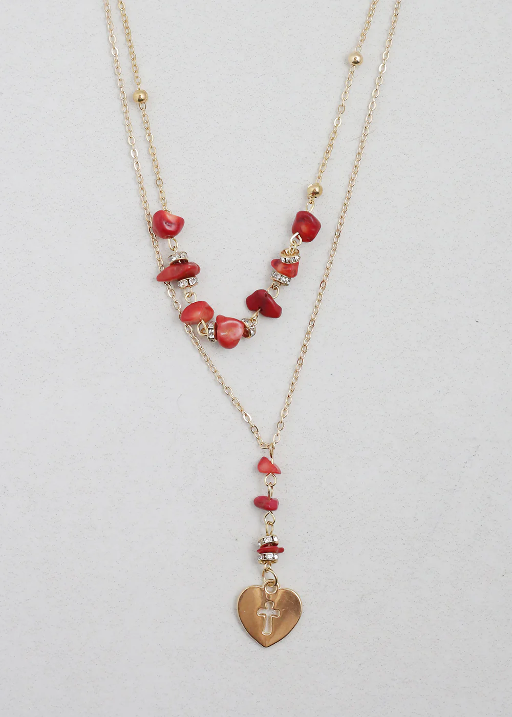 2 Layered Beaded Necklace with Heart & Cross Pendant - Mrs Treak