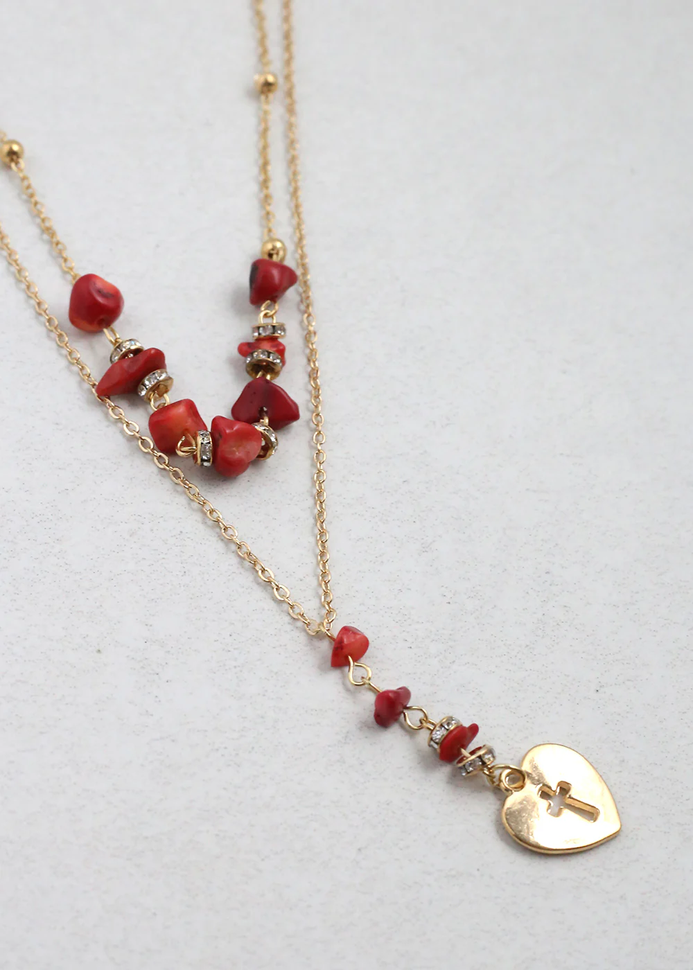 2 Layered Beaded Necklace with Heart & Cross Pendant - Mrs Treak