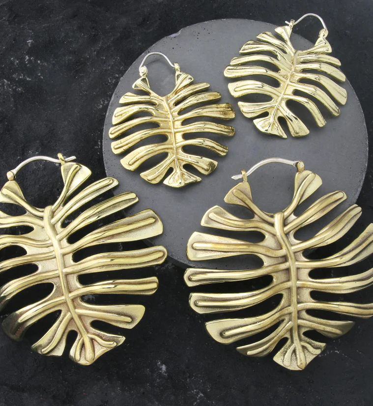 Monstera Deliciosa Leaf Brass Ear Weights / Earrings - Mrs Treak