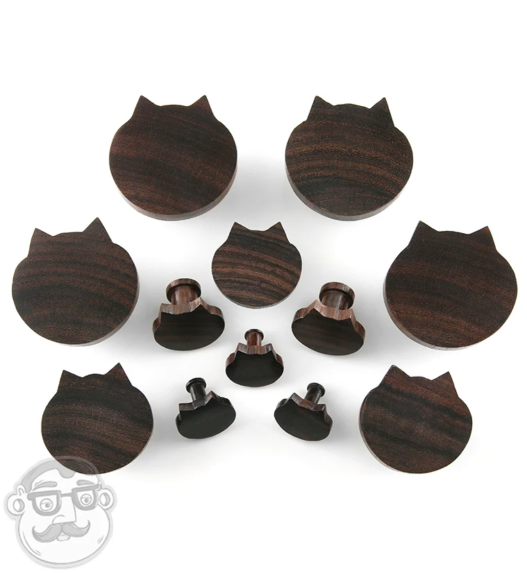 Carved Cat Face Sono Wood Plugs - Mrs Treak