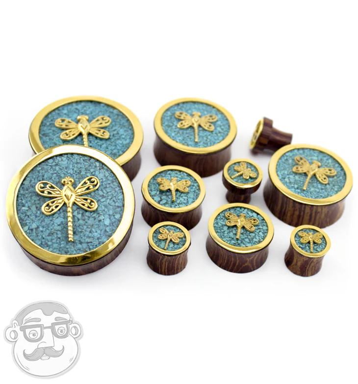 Brass Dragonfly Wood Plugs With Teal Stone Inlay - Mrs Treak