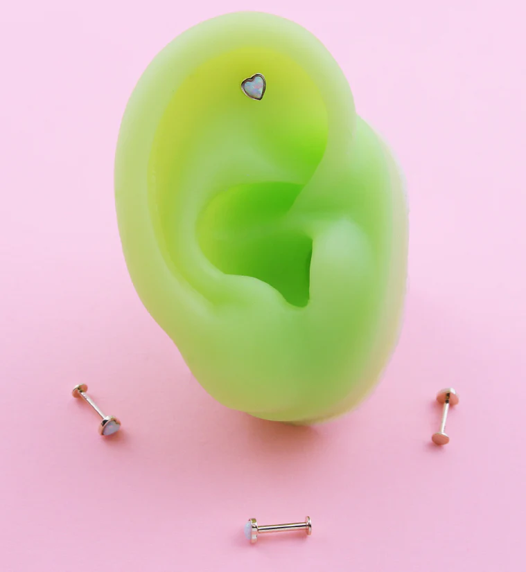 14kt Gold Heart White Opalite Threadless Labret - Mrs Treak