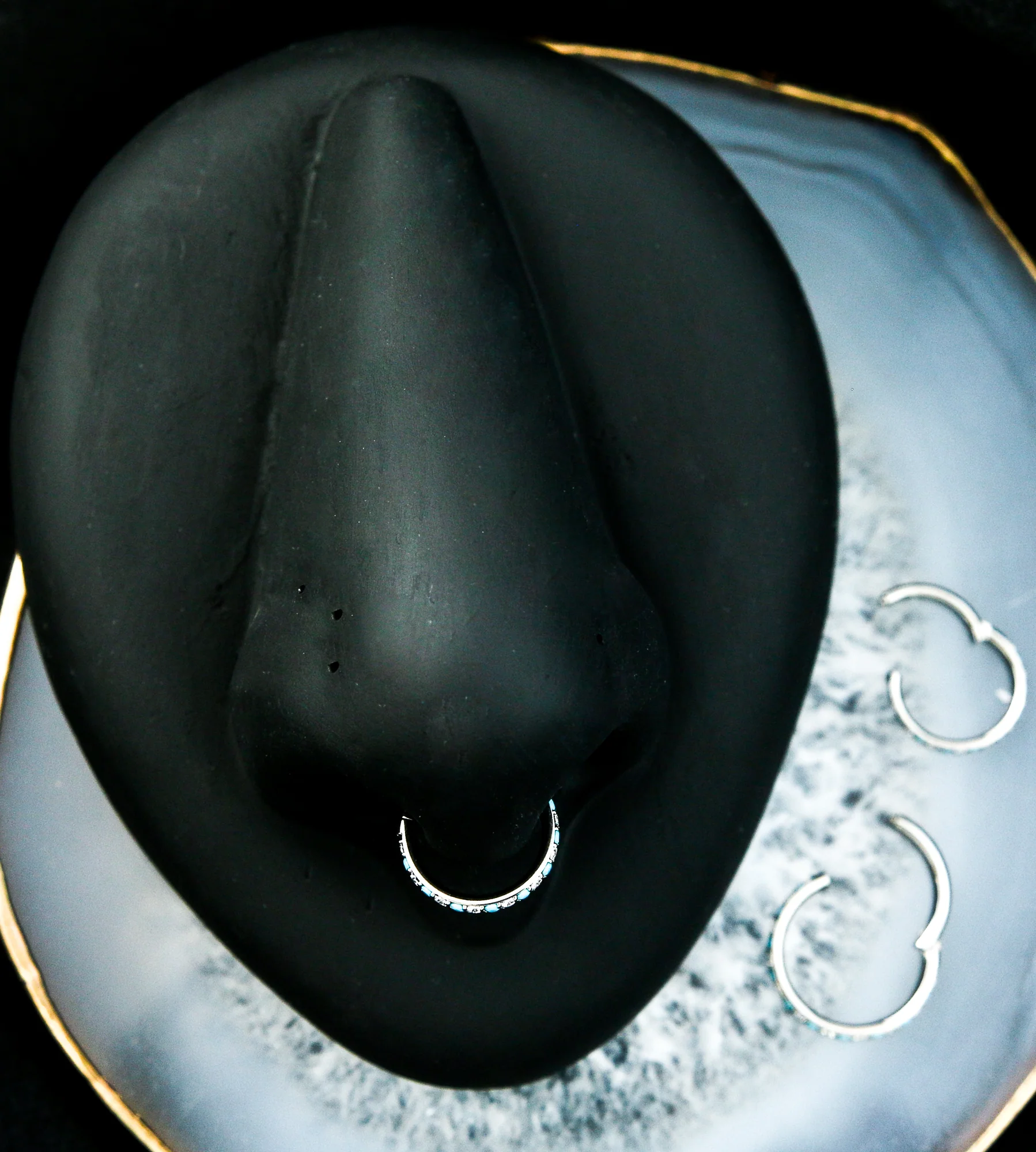 Side Facing Clear CZ Turquoise Titanium Hinged Segment Ring - Mrs Treak