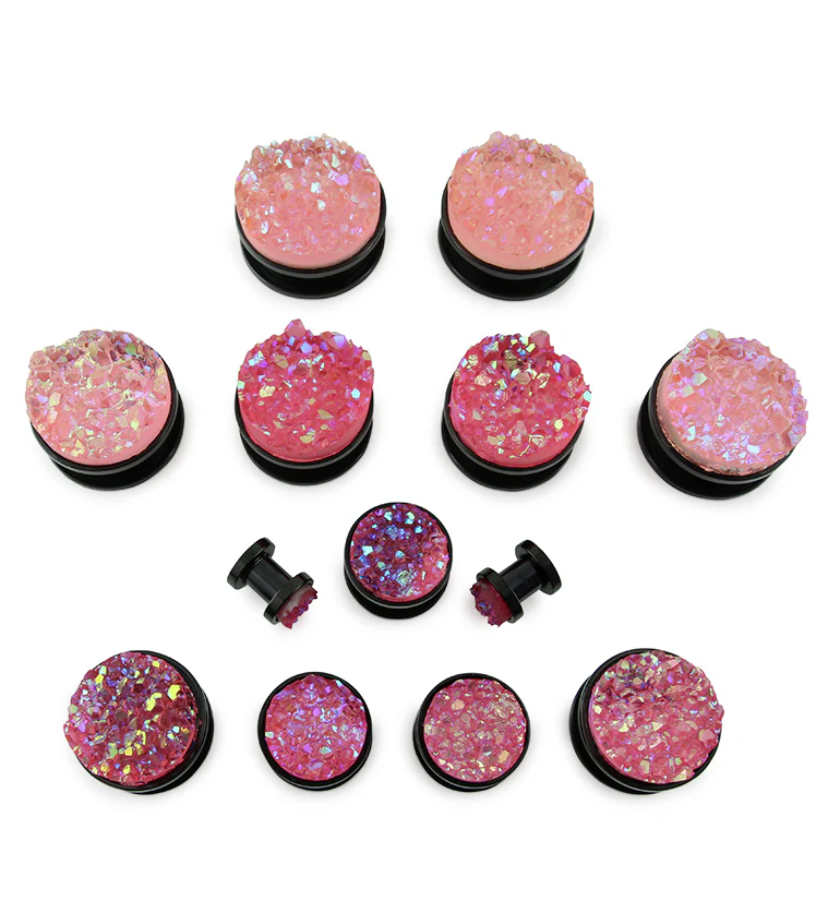 Black PVD Stainless Steel Plugs With Coral Pink Druzy Inlay - Mrs Treak