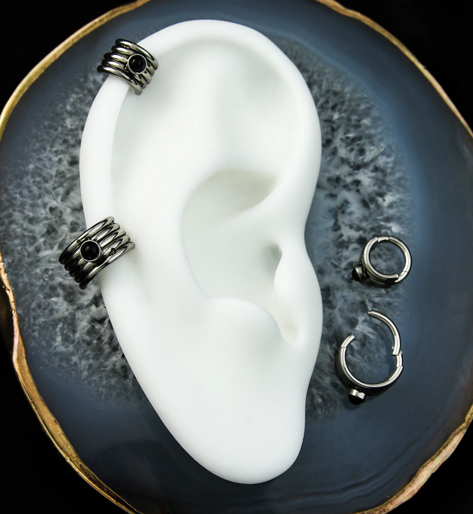 Black Onyx Stacked Stainless Steel Hinged Cuff Segment Ring - Mrs Treak