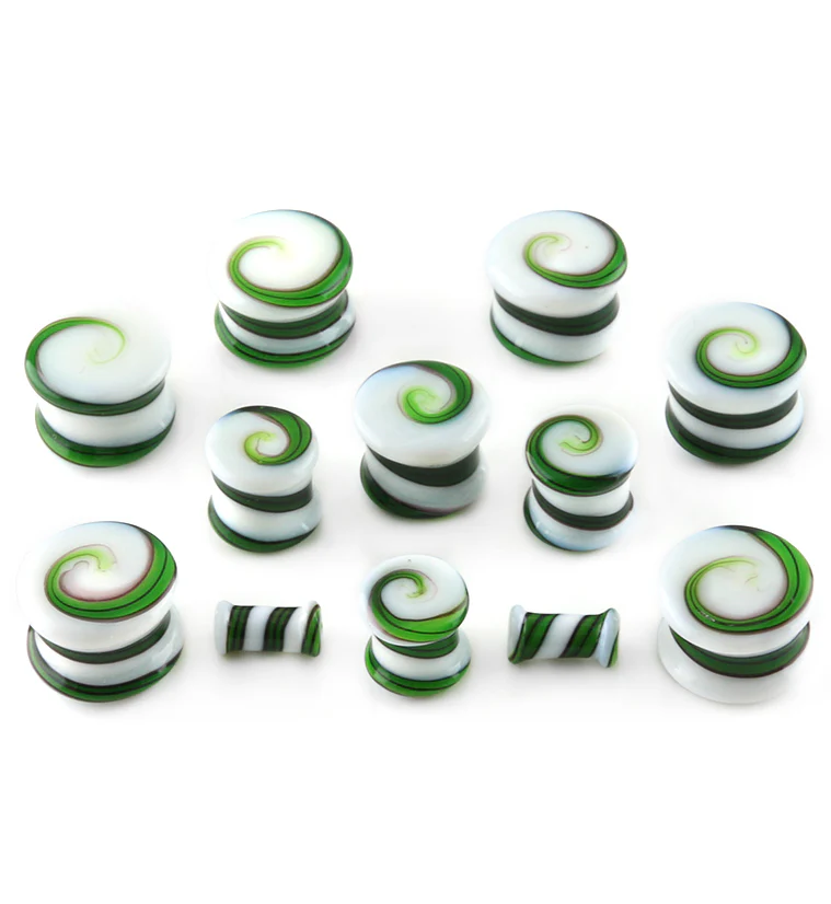 Green & White Swirl Glass Plugs - Mrs Treak