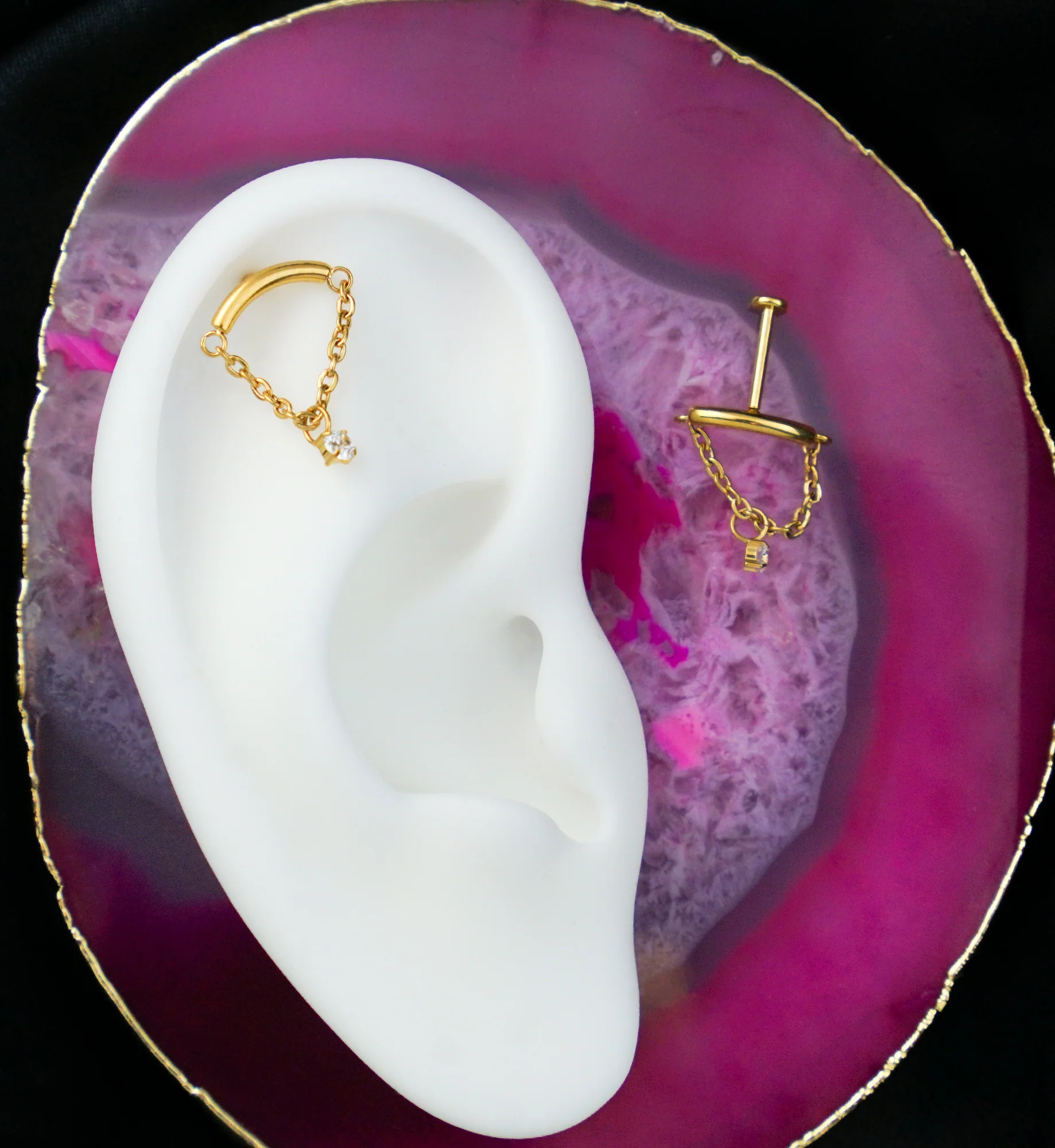 Gold PVD Curved Bar Dangle Clear CZ Chain Titanium Threadless Labret - Mrs Treak