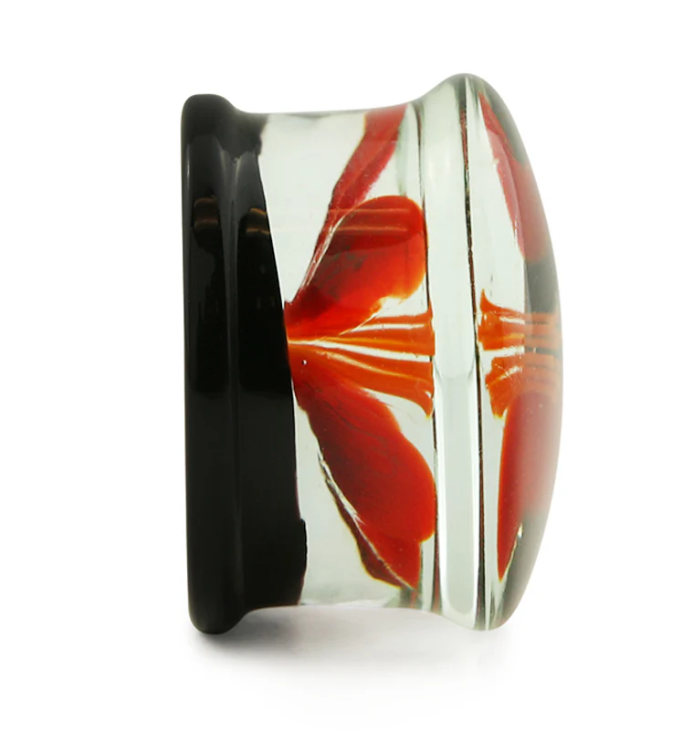 Red Poppy Flower Black Glass Double Flare Plugs - Mrs Treak