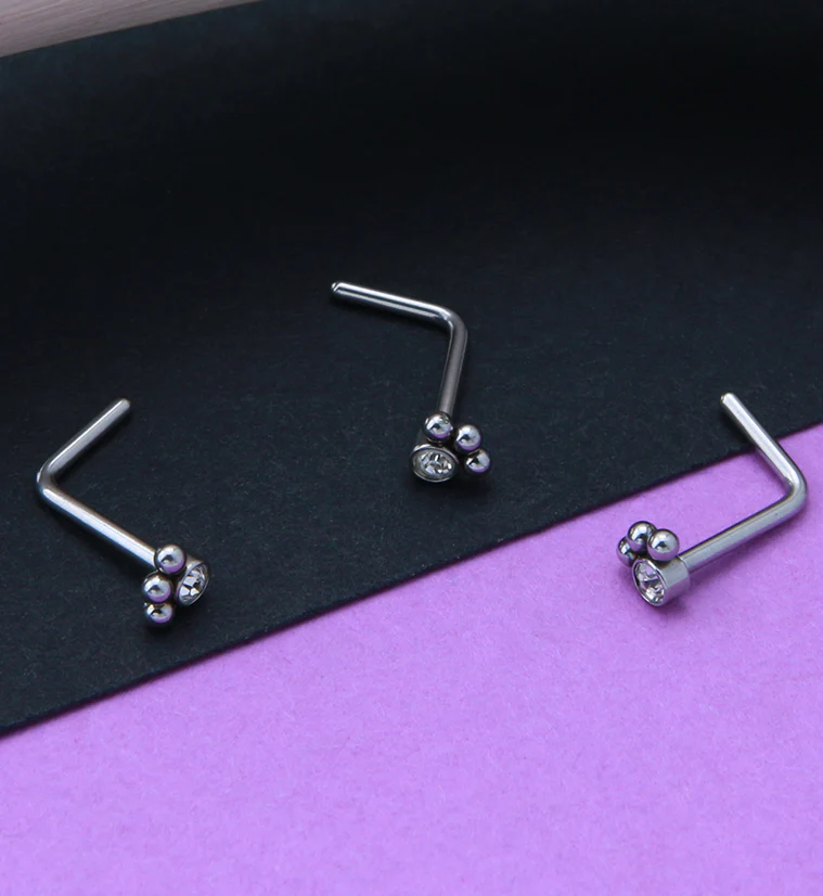 Triple Beaded Clear CZ L Bend Nose Stud - Mrs Treak