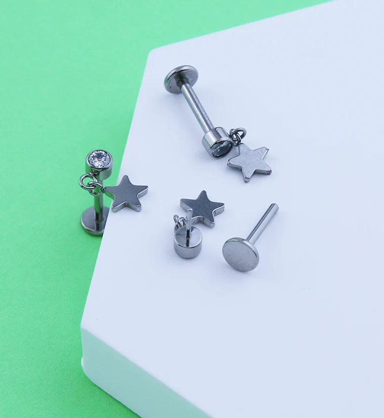 Star Dangle Clear CZ Titanium Threadless Labret - Mrs Treak