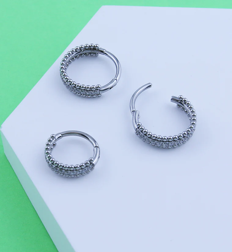 Beaded Center Row Clear CZ Stainless Steel Hinged Segment Ring - Mrs Treak