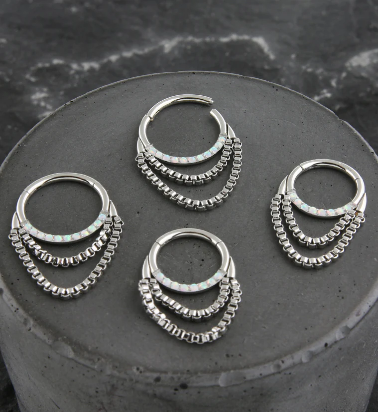 Pave CZ Double Dangle Chain Stainless Steel Hinged Segment Ring - Mrs Treak