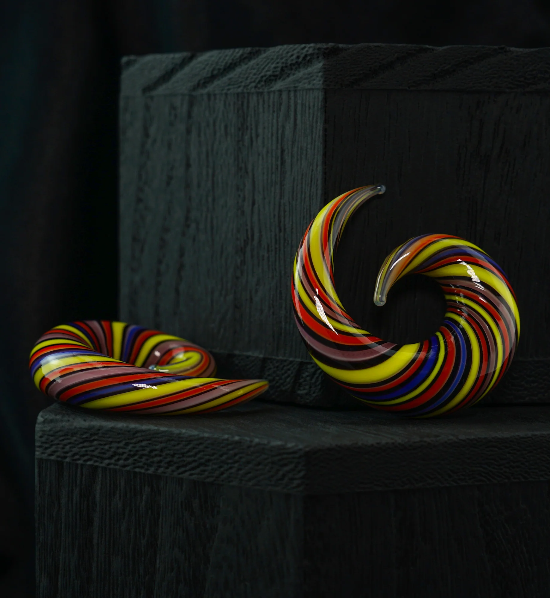 Multi Color Striped Glass Spiral Plugs - Mrs Treak