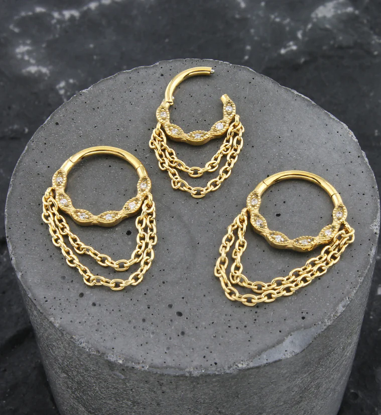 Gold PVD Twist Beaded CZ Double Dangle Chain Stainless Steel Hinged Segment Ring - Mrs Treak