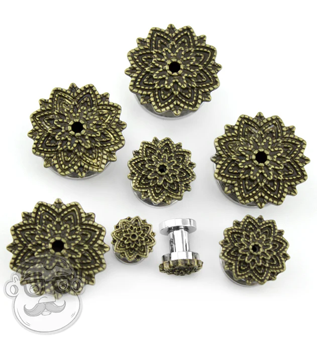 Brass Camellia Flower Top Stainless Steel Plugs - Mrs Treak