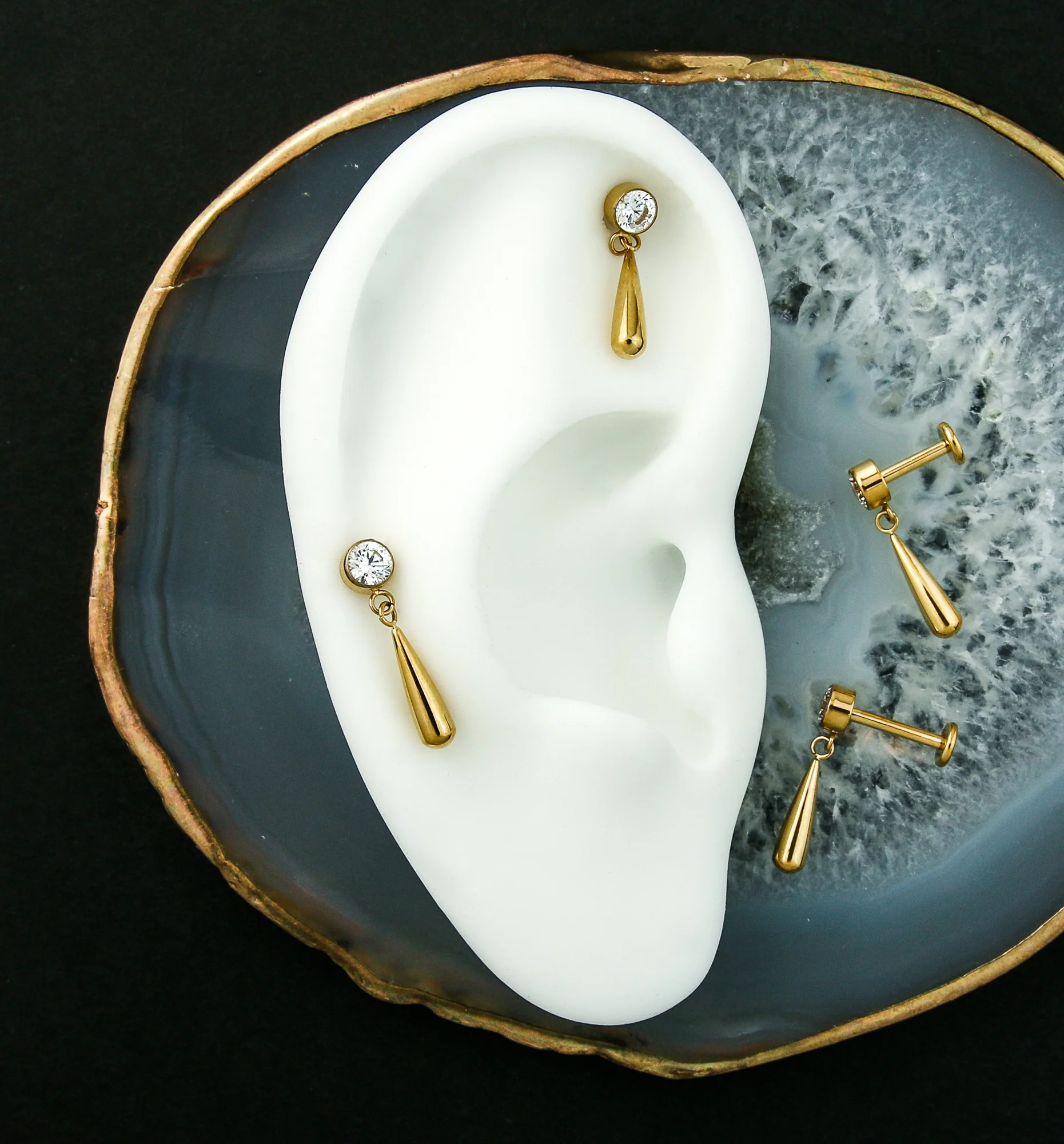 Gold PVD Clear CZ Dangle Teardrop Internally Threaded Titanium Labret - Mrs Treak