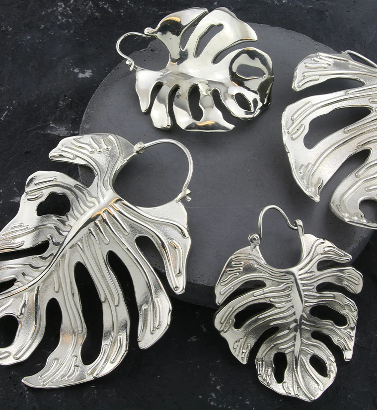 Monstera Variegata Leaf White Brass Hangers / Earrings - Mrs Treak