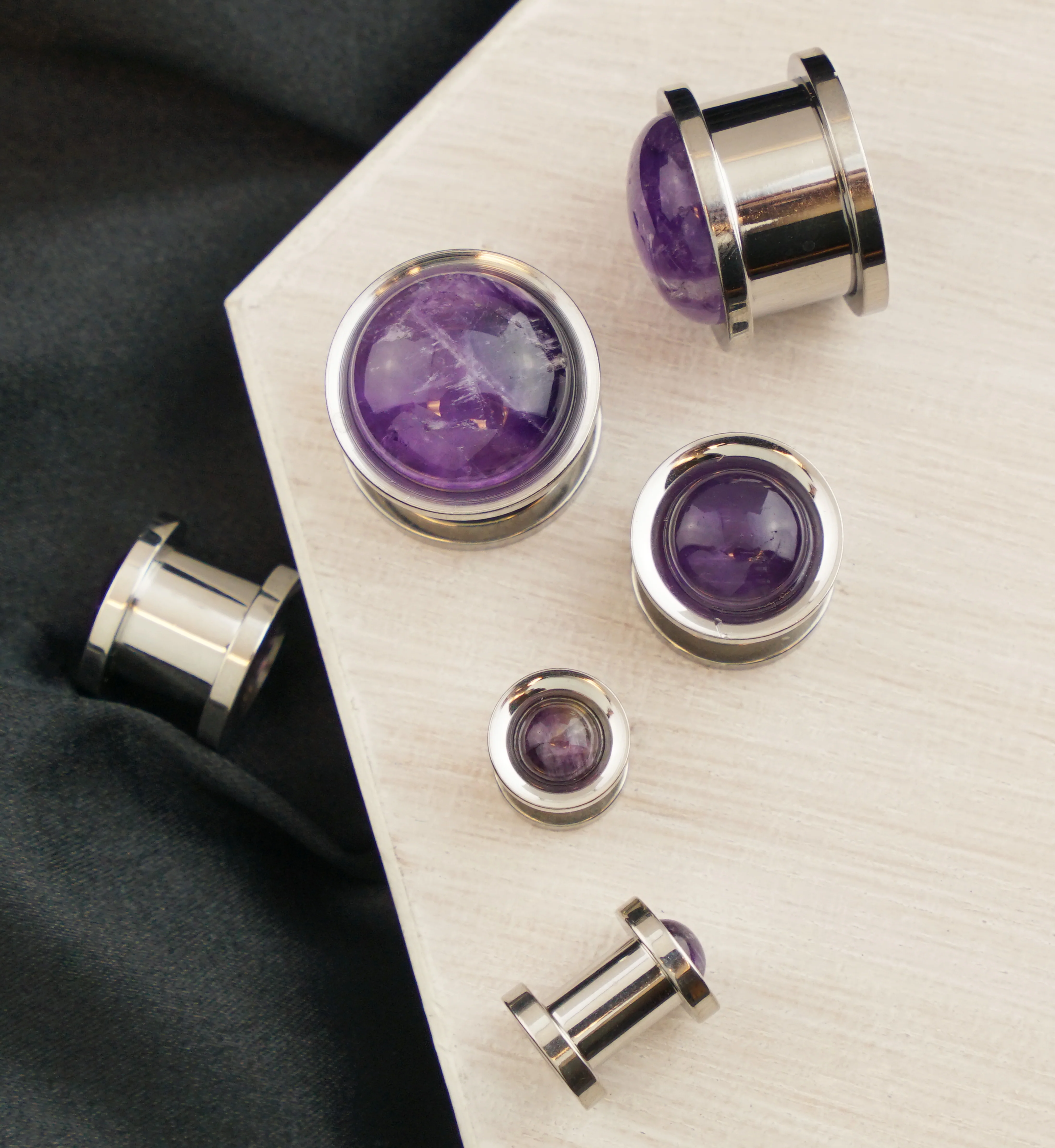Cabochon Amethyst Stainless Steel Screw Back Tunnel Plugs - Mrs Treak