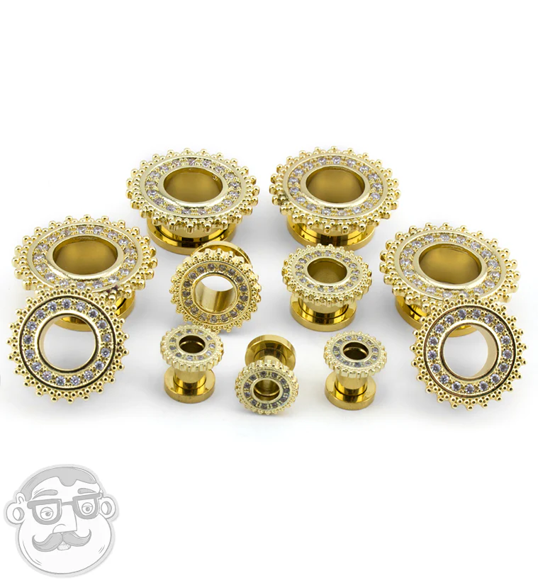 PVD Gold CZ Beaded Shield Tunnels - Mrs Treak
