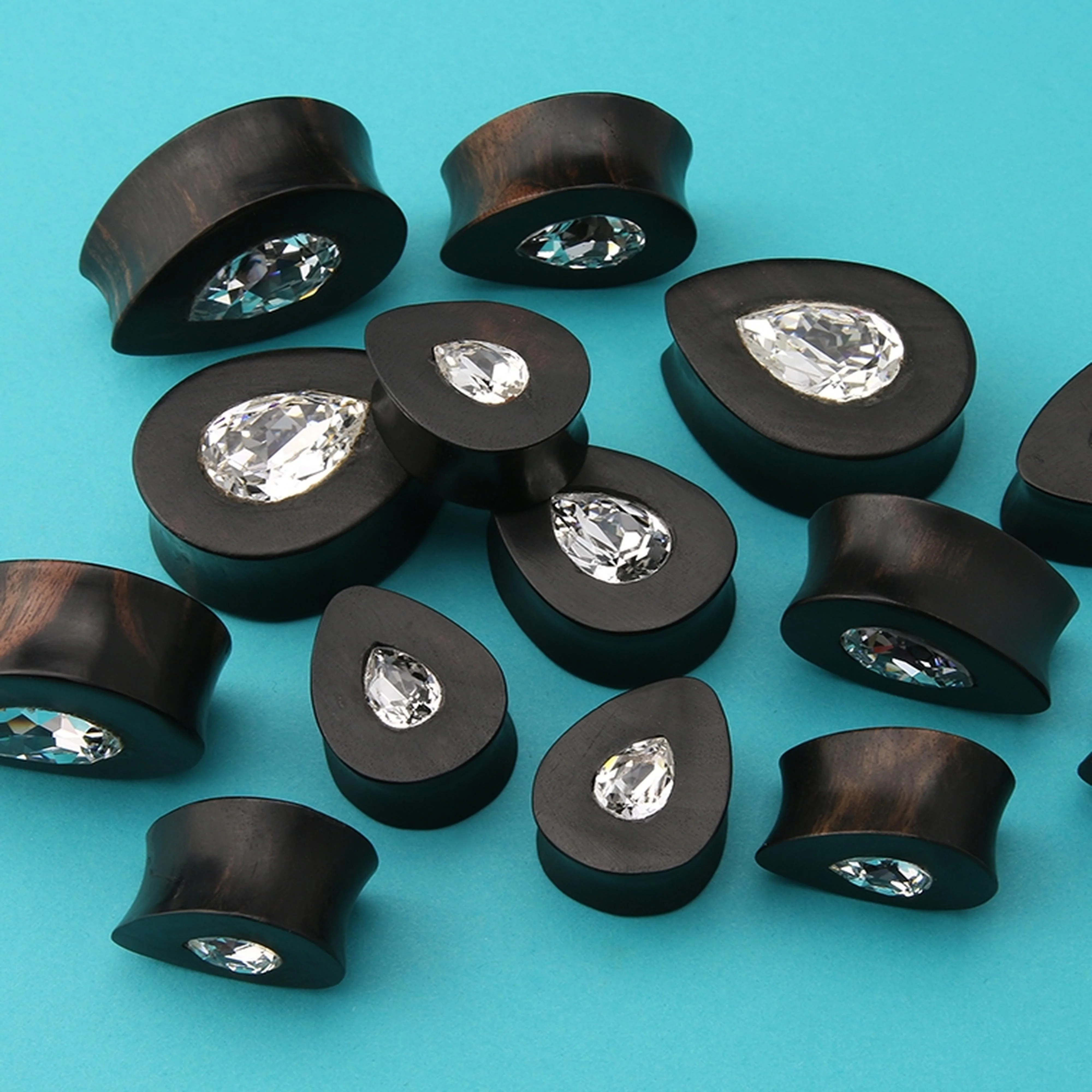 Areng Wooden Teardrop Plugs with Teardrop Swarovski CZ Inlay - Mrs Treak