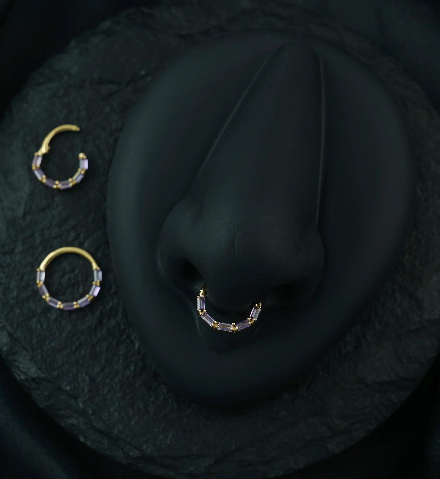 14kt Gold Baguette Row Amethyst CZ Hinged Segment Ring - Mrs Treak