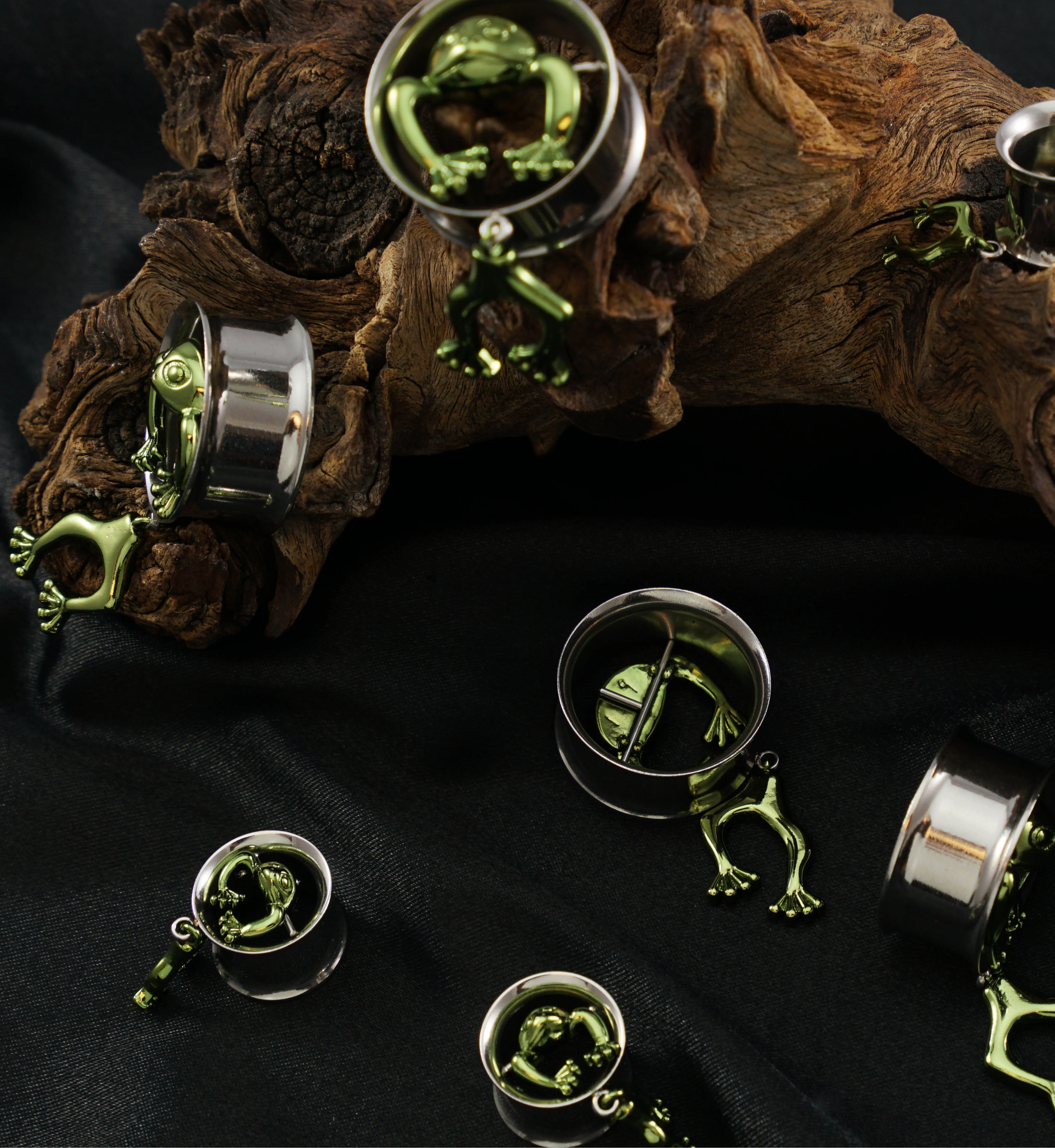 Green Dangling Frog Stainless Steel Tunnels - Mrs Treak