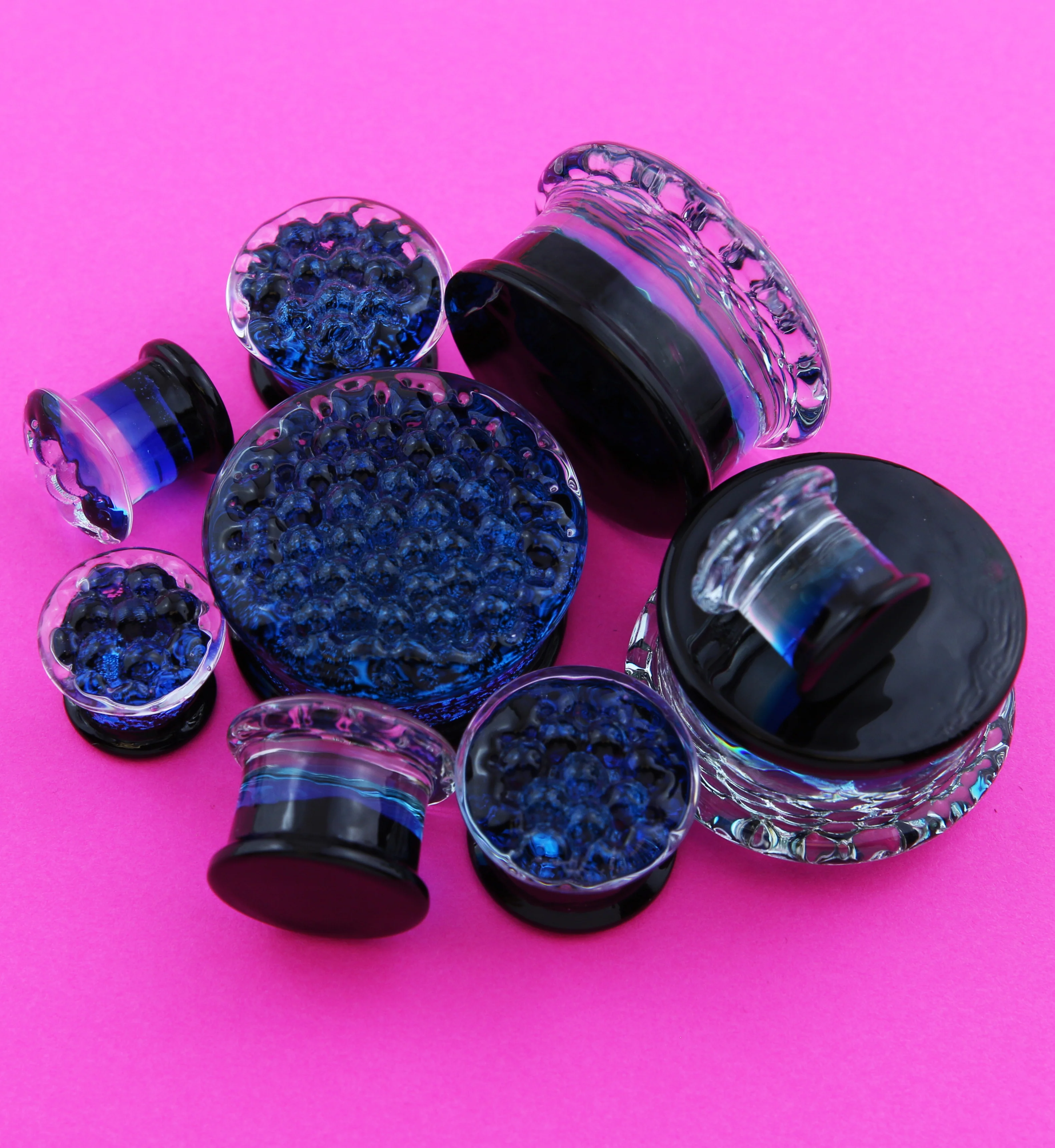 Blue Honeycomb Glass Double Flare Plugs - Mrs Treak