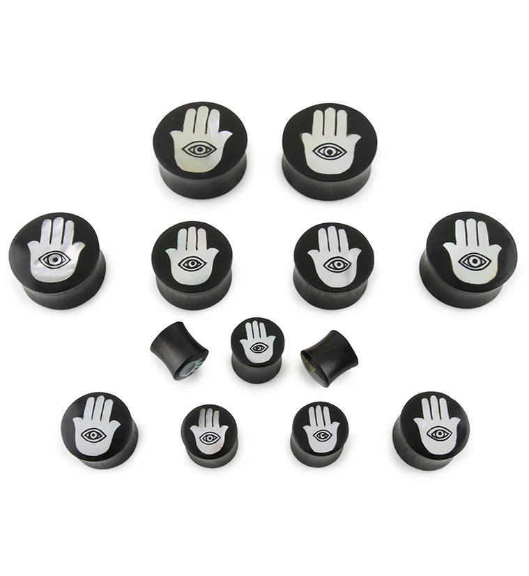 Hamsa Hand MOP Inlay Sono Wood Plugs - Mrs Treak