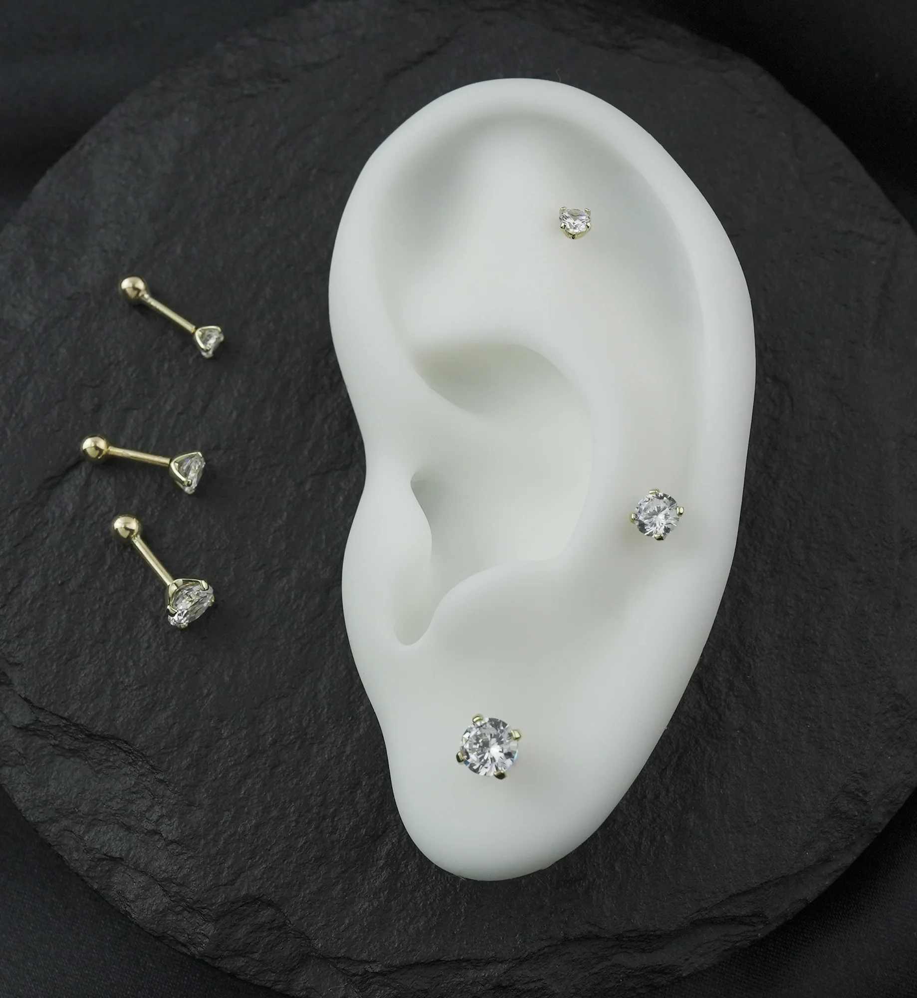 14kt Gold Clear CZ Threadless Cartilage Barbell - Mrs Treak