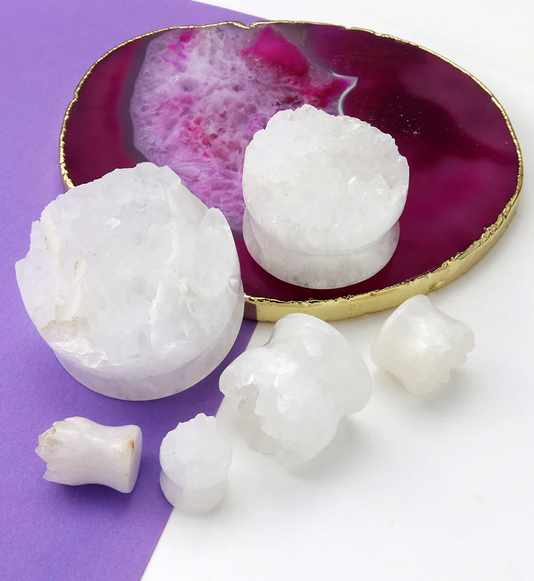 Raw White Agate Druzy Stone Plugs - Mrs Treak