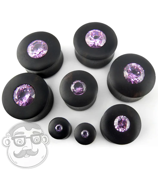 Areng Wood Plugs With Pink CZ Gem Inlay - Mrs Treak