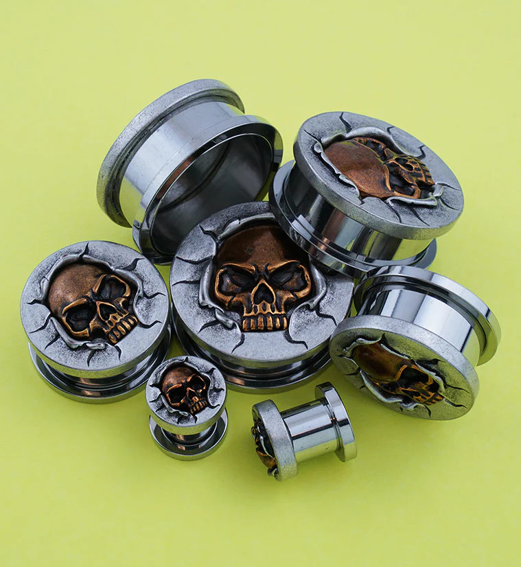 Brass Skull Stainless Steel Screw Back Plugs - Mrs Treak