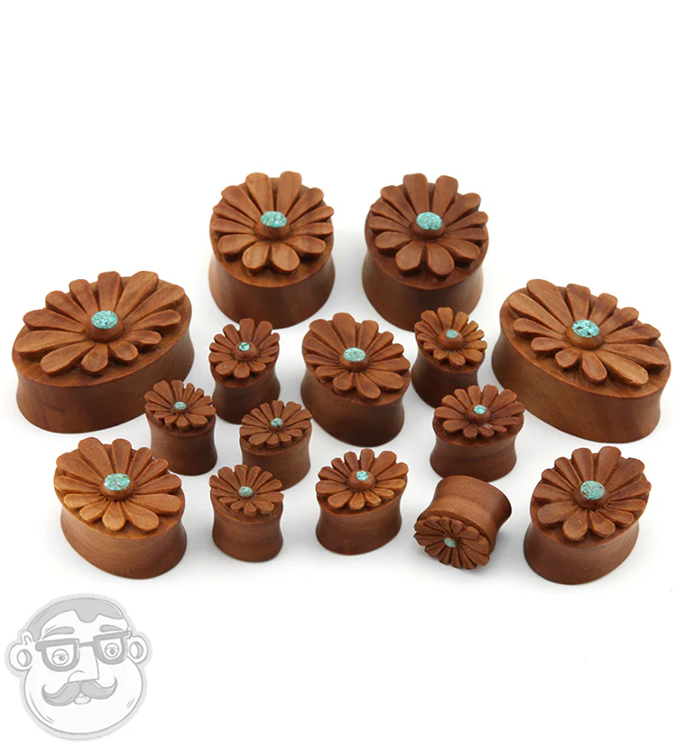 Sunflower Turquoise Inlay Oval Wood Plugs - Mrs Treak