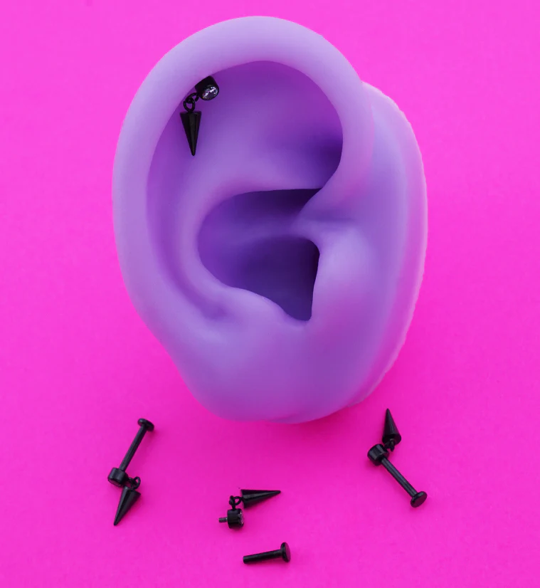 Black PVD Dangle Cone Clear CZ Internally Threaded Titanium Labret - Mrs Treak