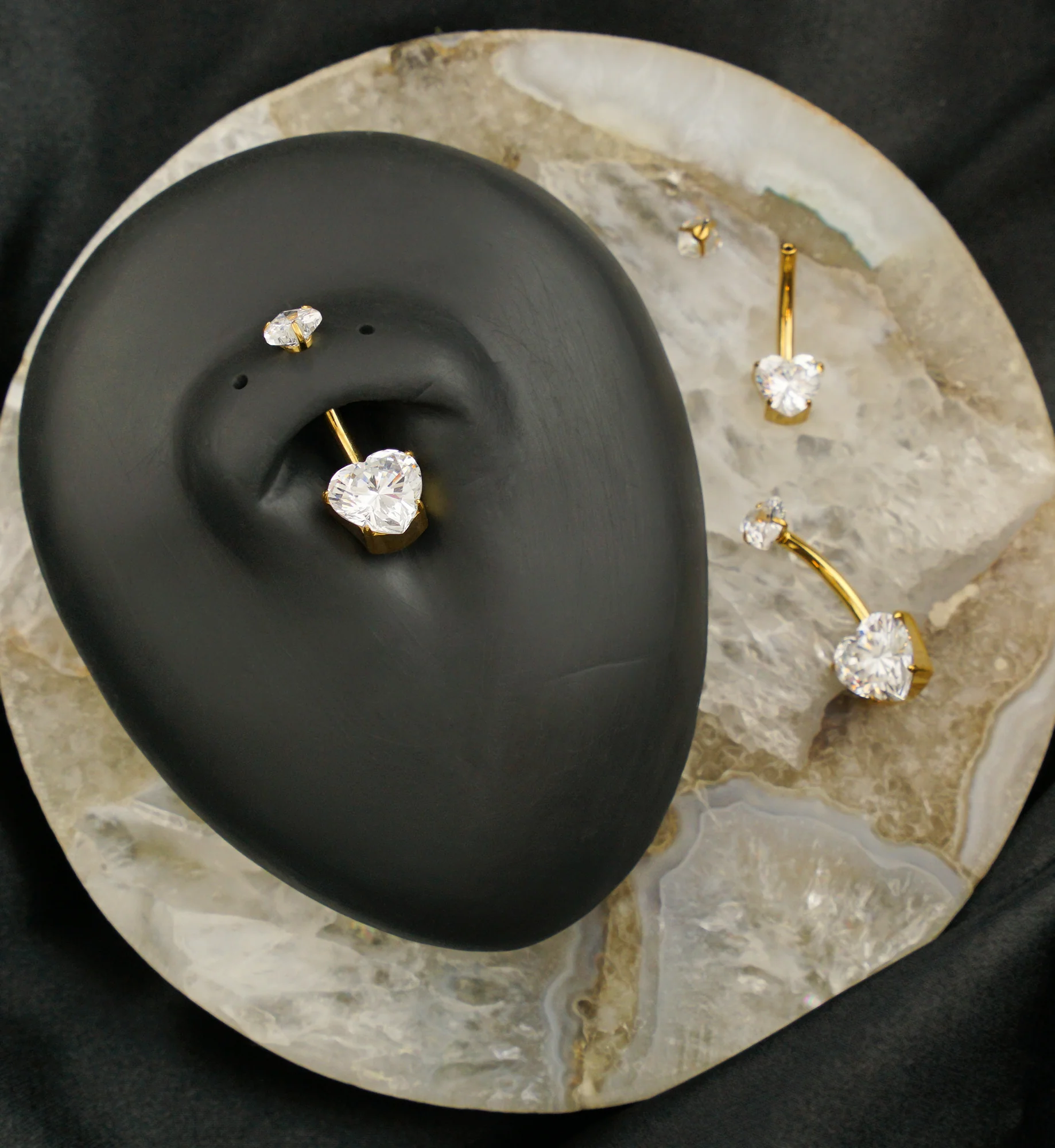 Gold PVD Hearts Prong Clear CZ Titanium Threadless Belly Button Ring - Mrs Treak