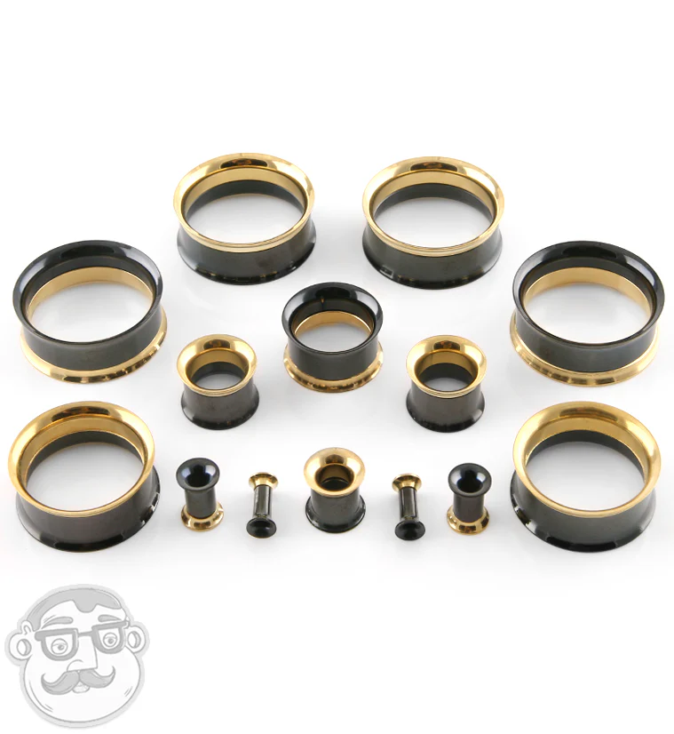 Black & Gold Internally Threaded Tunnel Plugs - Mrs Treak