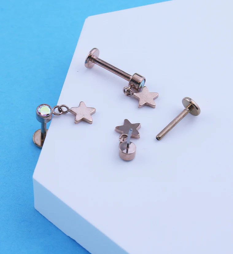 Rose Gold PVD Star Dangle Rainbow Aurora CZ Titanium Threadless Labret - Mrs Treak