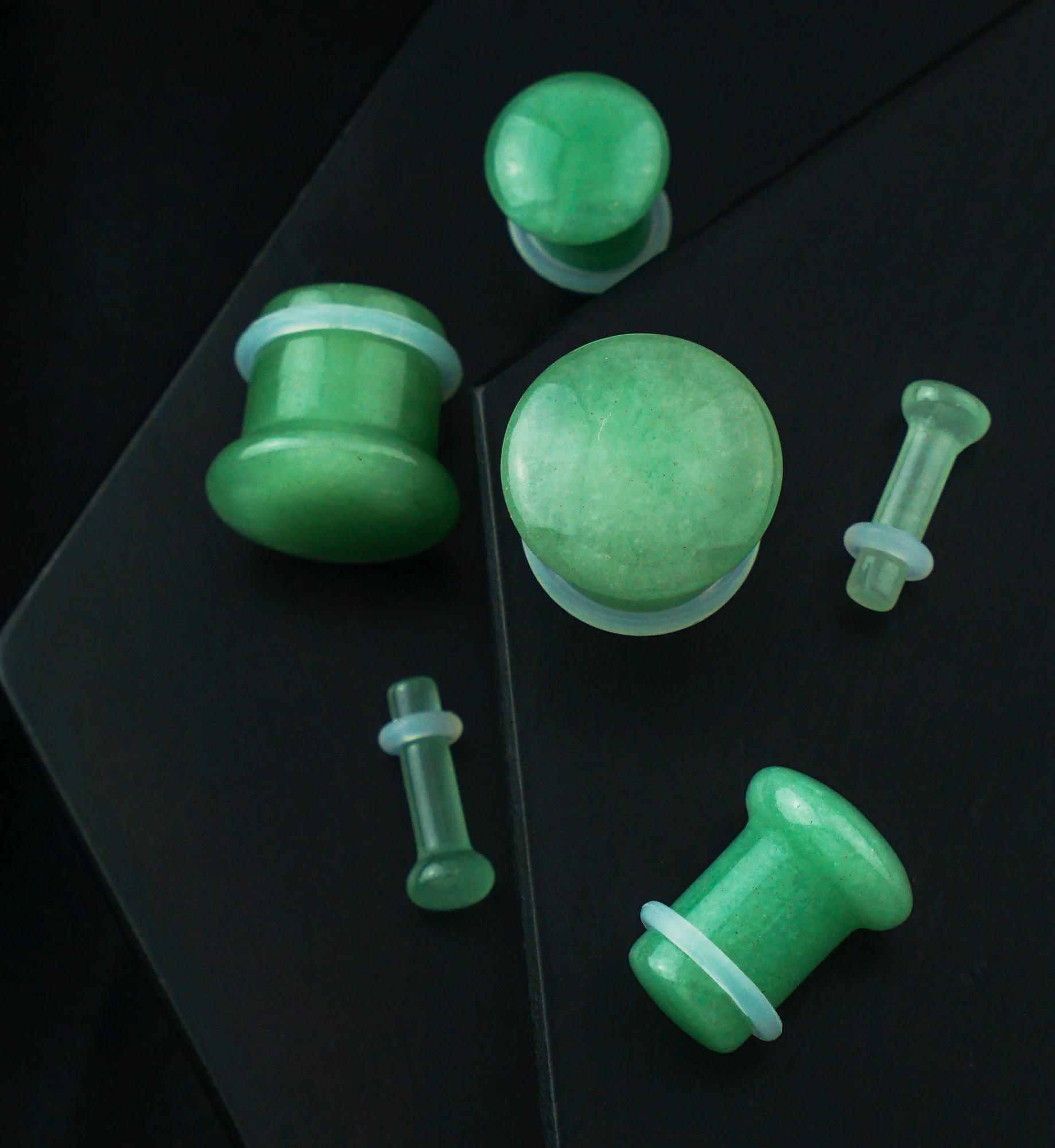 Green Aventurine Stone Plugs - Single Flare with Grooves - Mrs Treak