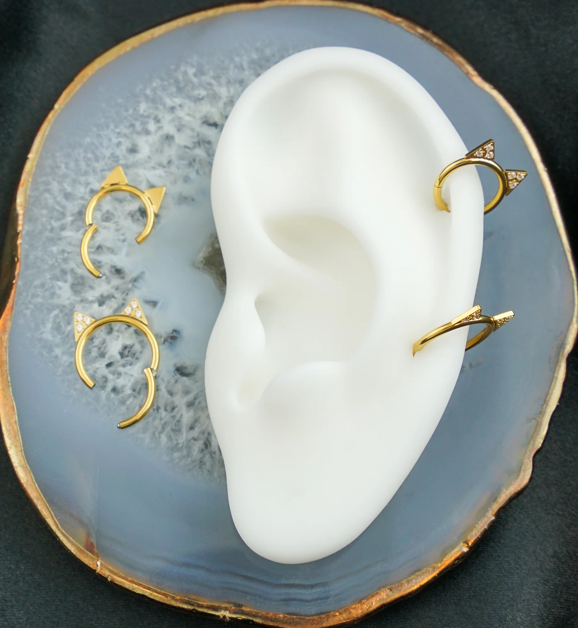 Gold PVD Cat Ears Clear CZ Titanium Hinged Segment Ring - Mrs Treak