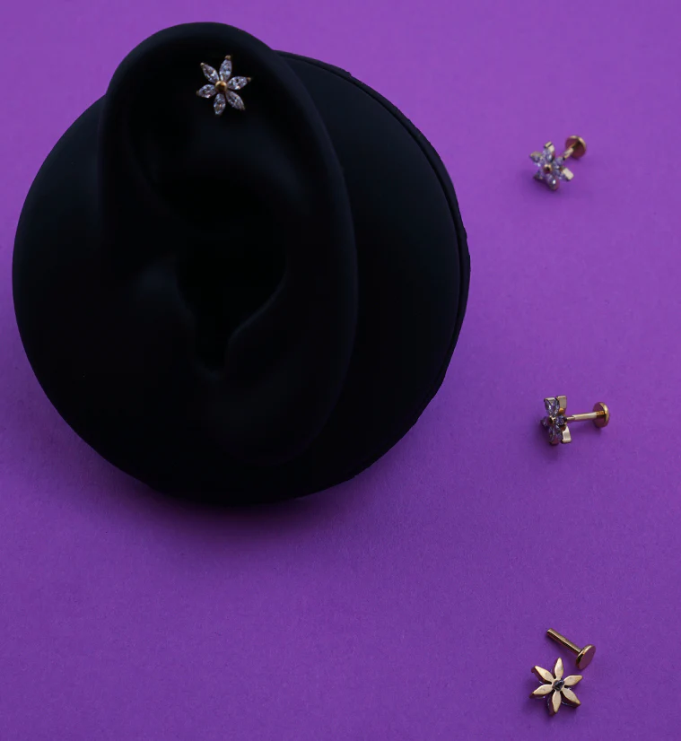 Gold PVD Senary Flower Clear CZ Internally Threaded Titanium Labret - Mrs Treak