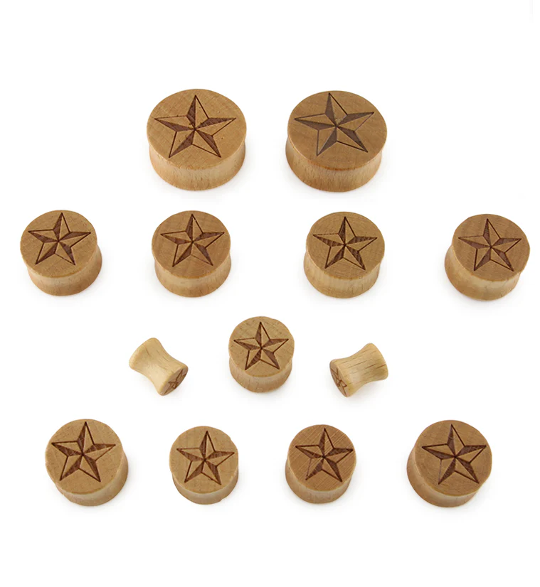 Nautical Star Engraved Wood Plugs - Mrs Treak
