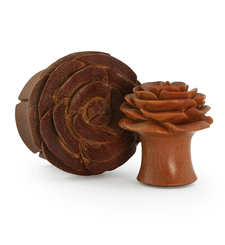 Carved Rosebud Saba Wood Plugs - Mrs Treak