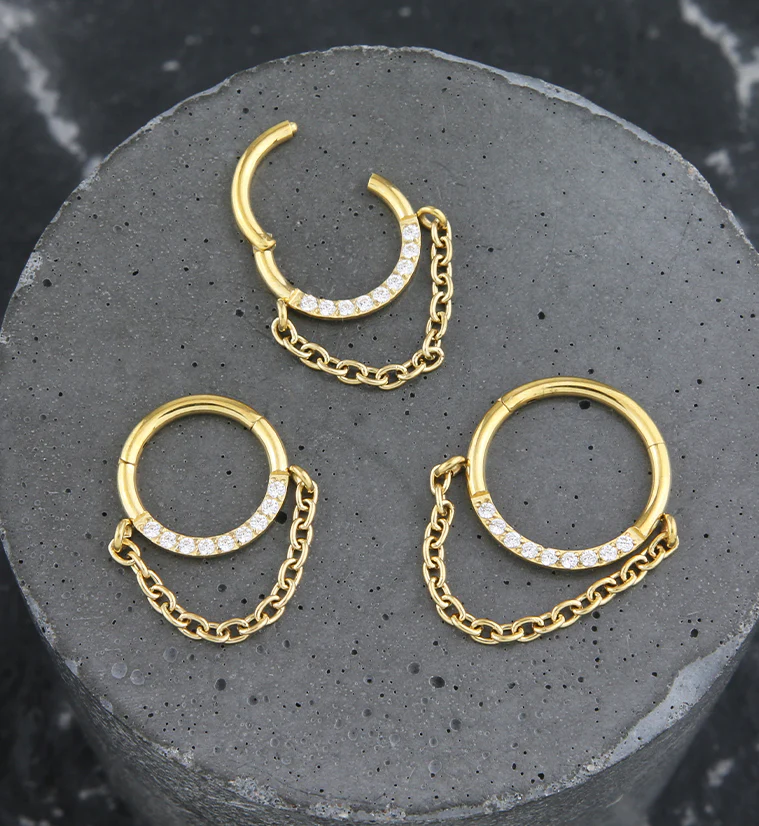 Gold PVD Pave Clear CZ Dangle Chain Stainless Steel Hinged Segment Ring - Mrs Treak