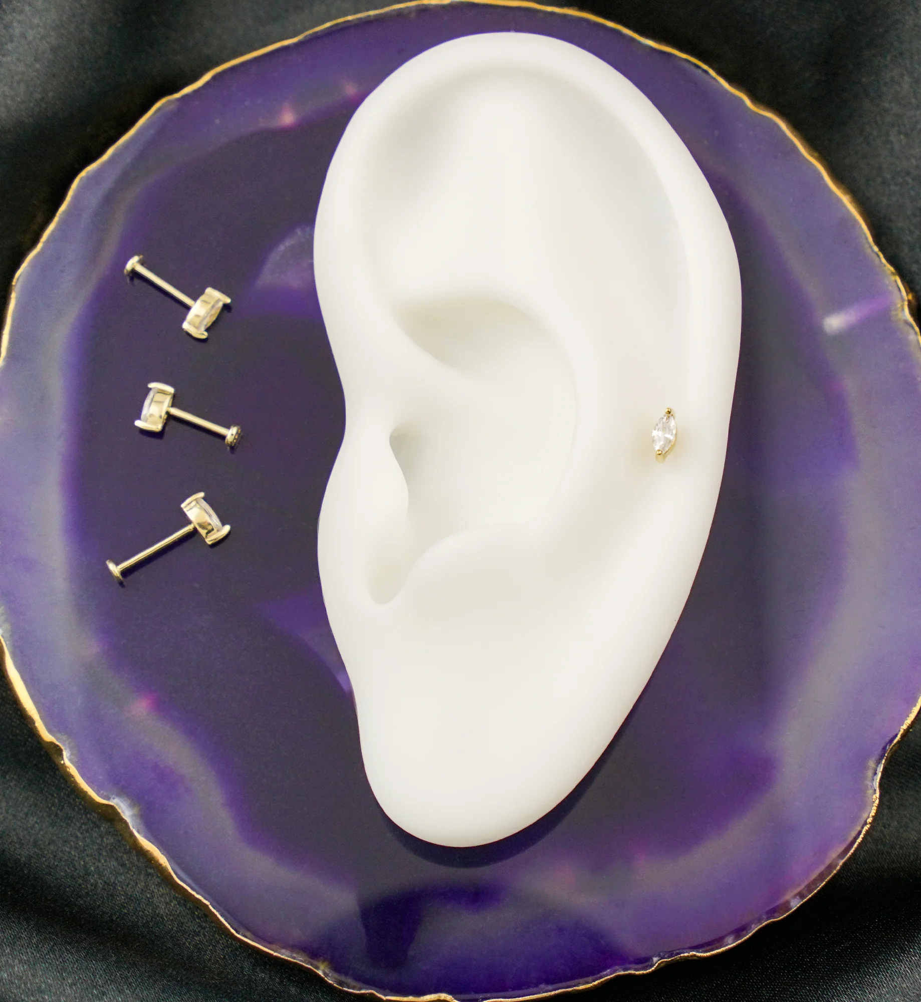 14kt Gold Marquise Clear CZ Flat Disk Threadless Labret - Mrs Treak