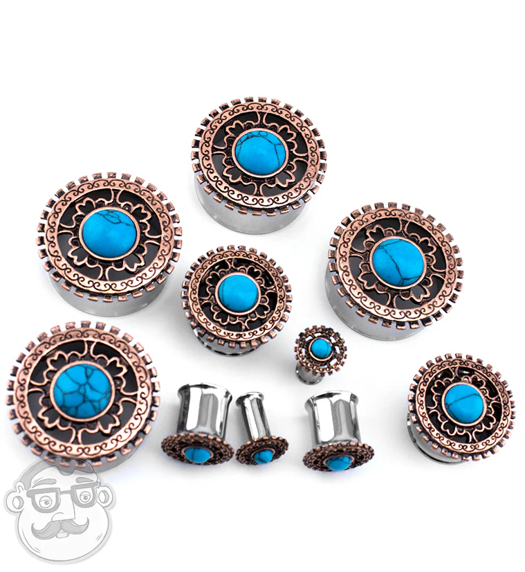 Rose Gold Lineal Top With Turquoise Inlay Steel Plugs - Mrs Treak