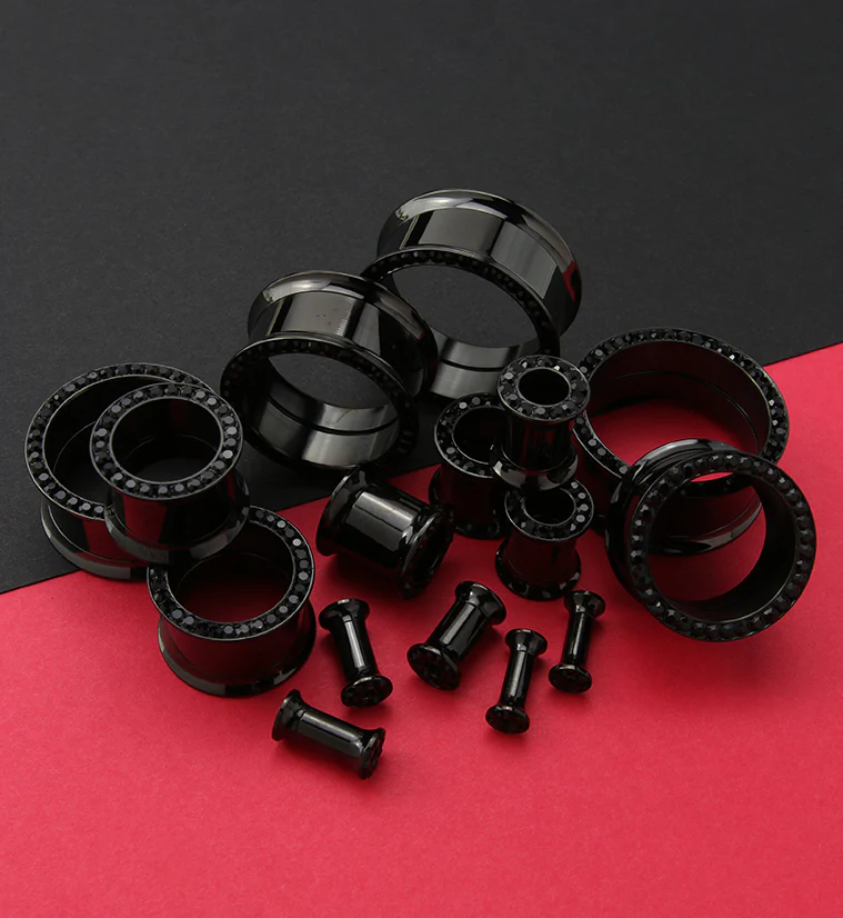 Black PVD Internally Threaded Black CZ Stainless Steel Tunnels - Mrs Treak