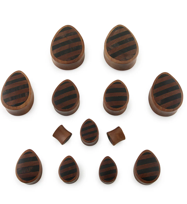 Saba Wooden Teardrop Plugs With Striped Inlay - Mrs Treak