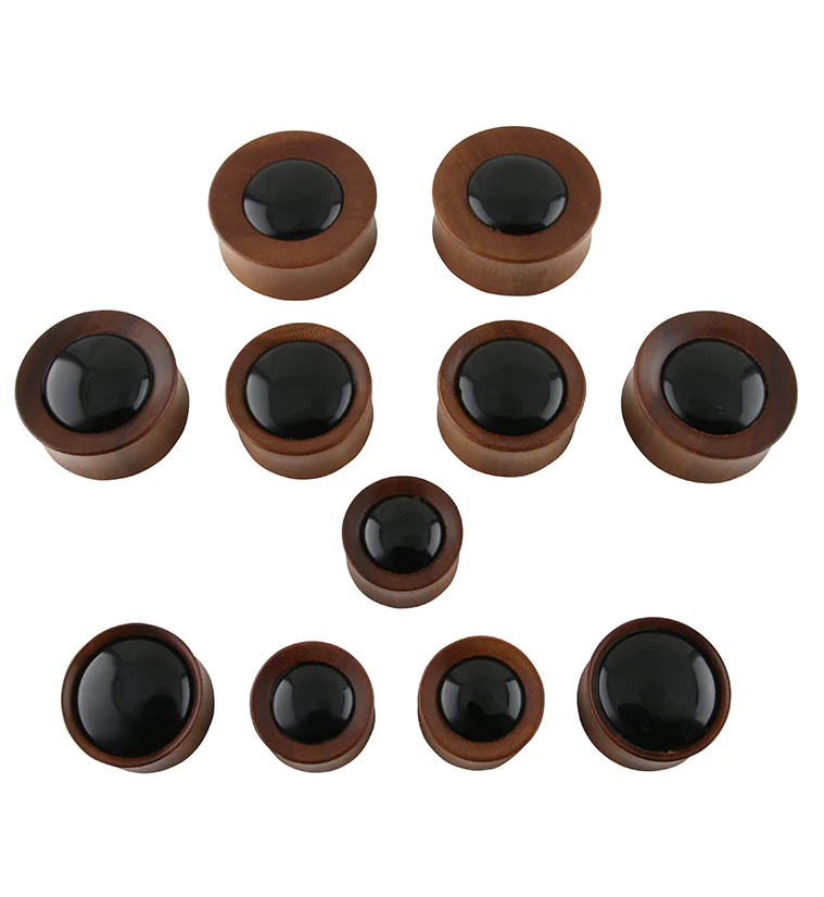 Saba Wood Plugs With Black Obsidian Stone Inlay - Mrs Treak